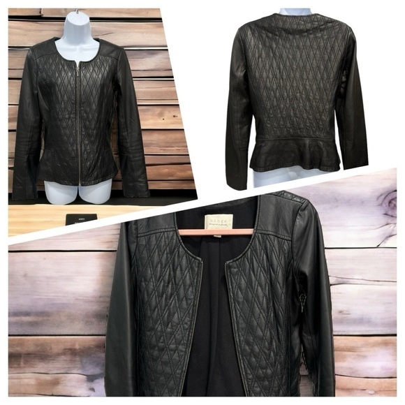 HINGE Quilted Genuine Leather Jacket Zip Black Size S - Picture 5 of 17